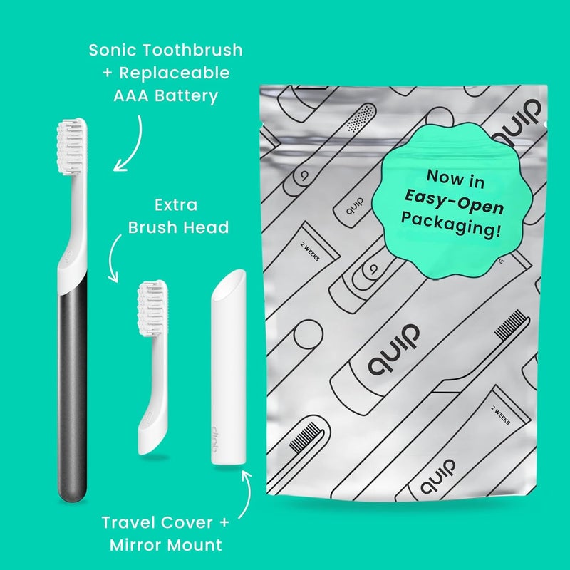 quip Sonic Toothbrush for Adults with Timer - Includes Extra Brush Head and Travel Cover Mount - Electric, Soft Bristle Refill Head, Metal Handle, 3 Month Battery Life - Travel Toothbrush - Slate - Image 2